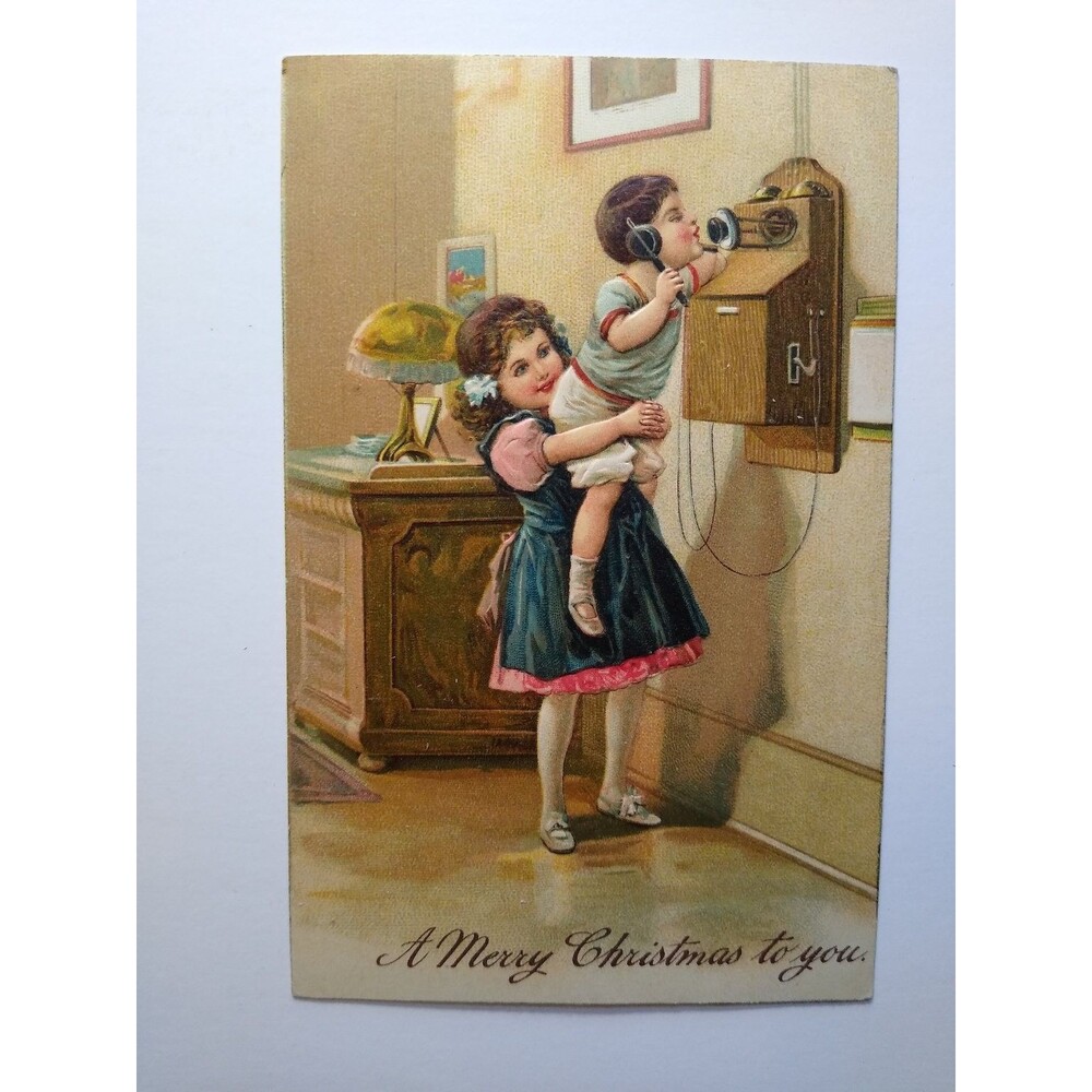 Christmas Children Wall Phone Antique Postcard Printed Germany Embossed c1900s